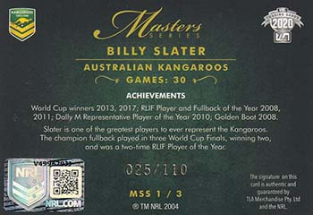 2020 nrl elite masters series signature MSS1 back of card