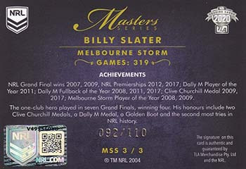 2020 nrl elite masters series signature MSS3 back of card